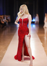 Kate | Sparkly Black Red Mermaid Strapless Strap Prom Dress with Slit and Train - Red - PromDressClub